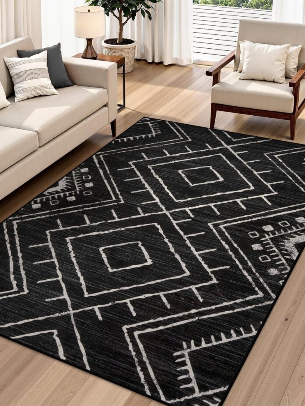 Western 5x7 Area Rug, Black Washable Rugs for Living Room Bedroom, Non Slip